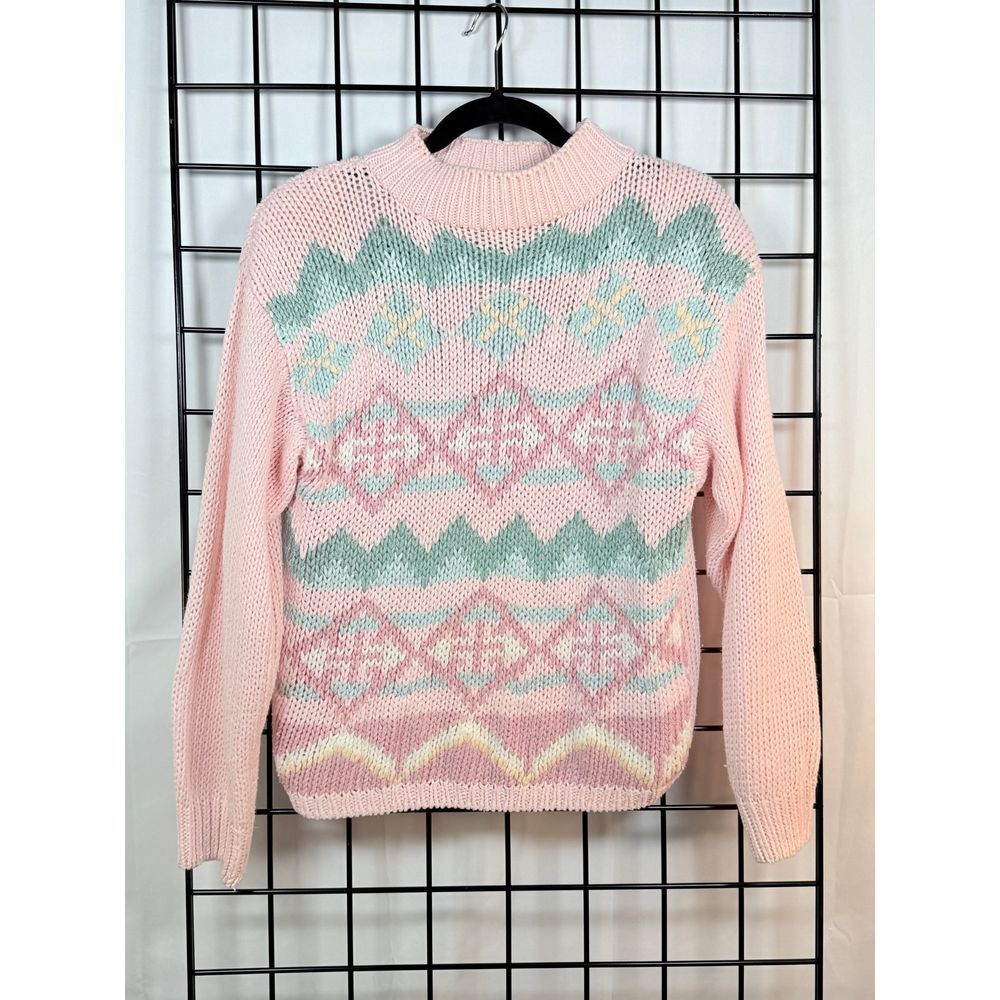 Vintage Pastel Fair Isle Knit Sweater Womens M Pink 80s Lagenlook Shoulder Pads